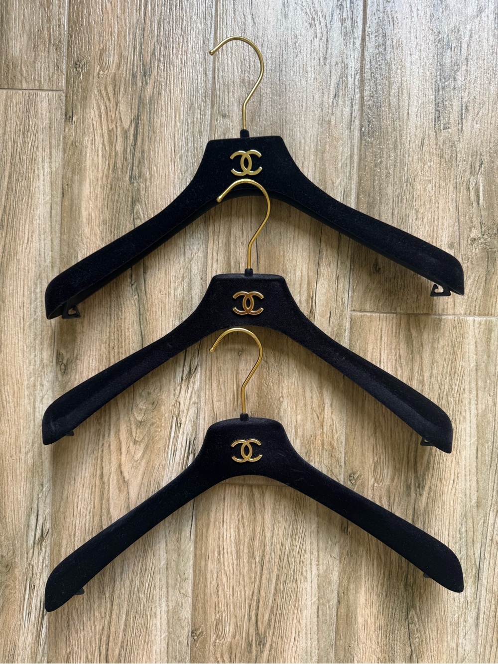 CHANEL Black Velvet Hangers with Gold CC Emblem (Set of 3)